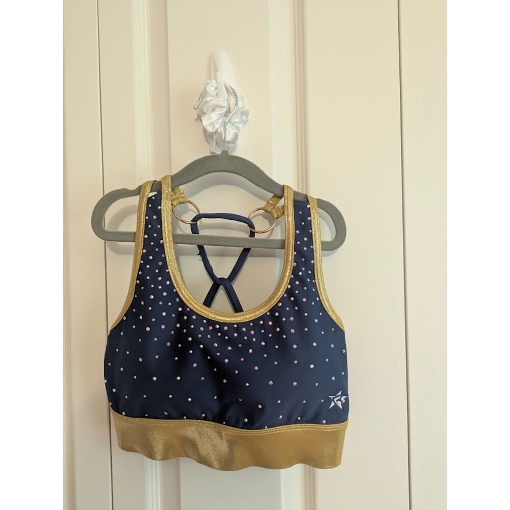Rebel Athletic Navy Blue and Gold Blingy Bra Adult Small cheer dance